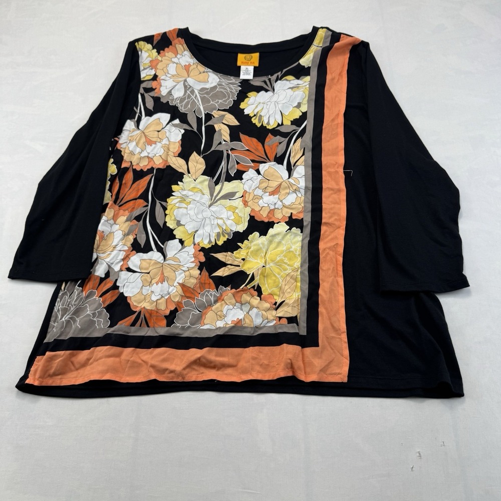 Ruby Rd Women's XL Black Orange Floral Print 3/4 Sleeve Tunic Top Rayon